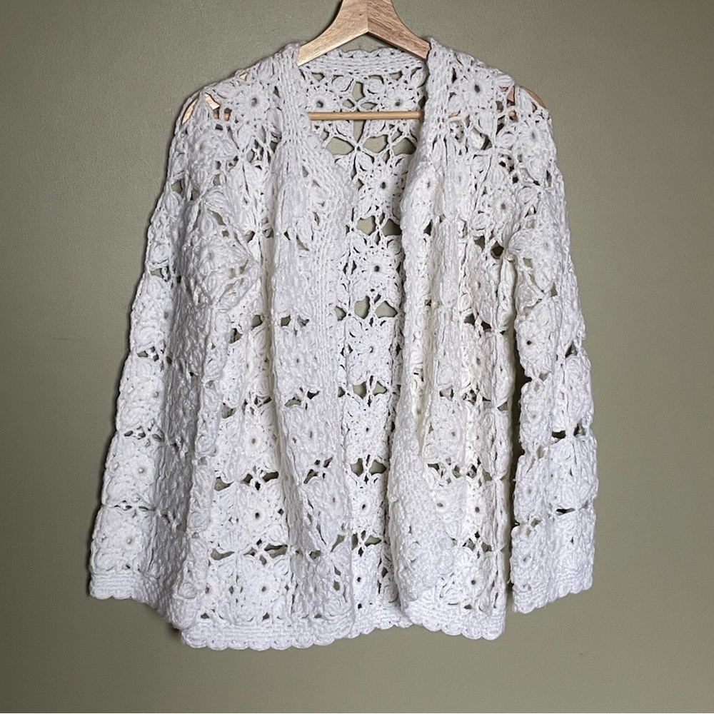 Handmade white crochet floral pattern cardigan size large